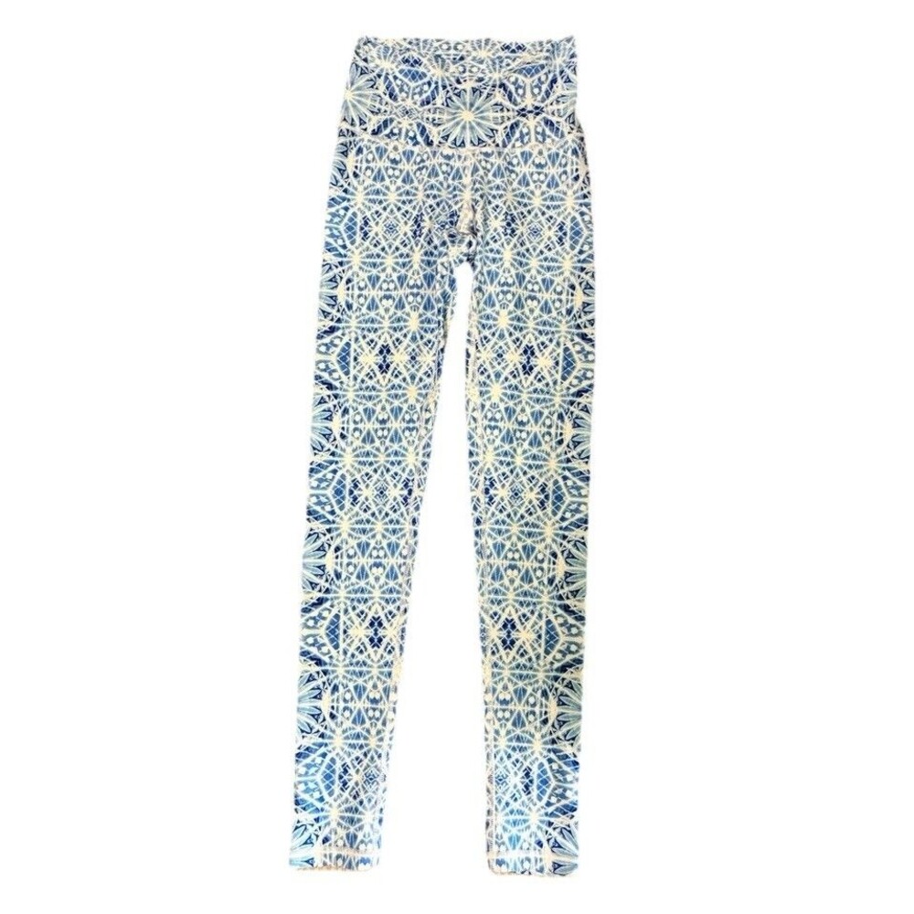 Wolven Blue White Geometric Ankle Leggings Size S Elastic Waist Buttery Soft